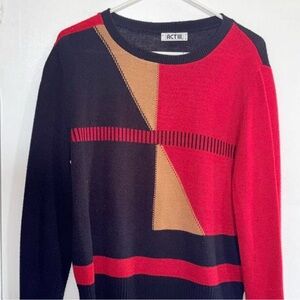 ACT III Red & Black Geometric Crewneck Sweater with Tan Accents